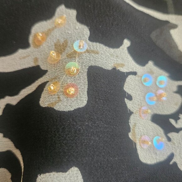 ice 100% Silk lined Beaded Black midi vintage skirt ruffle Y2K Elastic L - Picture 8 of 9